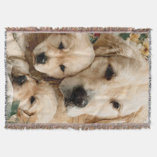 Cobertor Golden Retriever Family Puppies Vintage Christmas