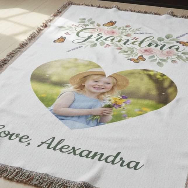 Cobertor Grandma Gift - Floral Photo (Grandma photo throw blanket)