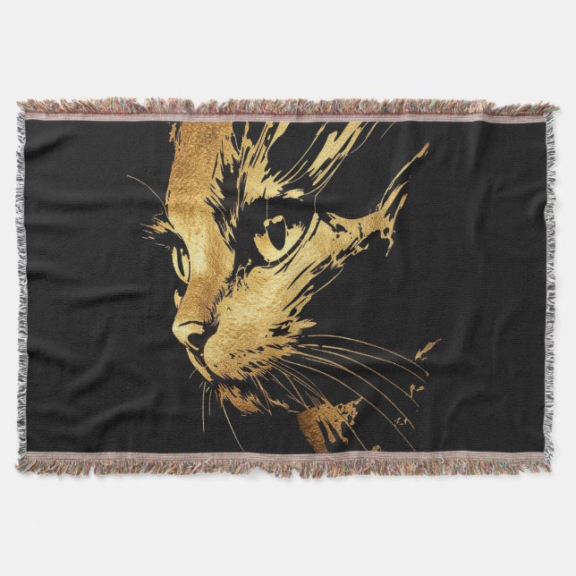 Cobertor Graphique Élégant Chat Noir et Or Texturé (Frente)