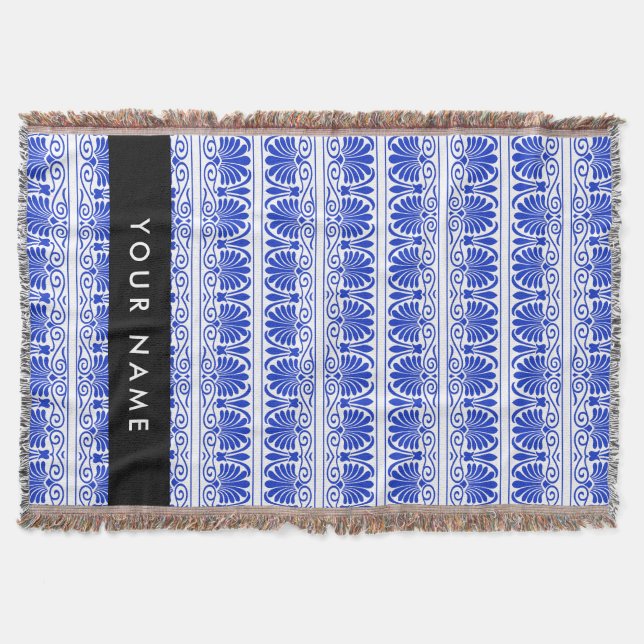 Cobertor Grego Fret Arabesque Azul, Seu Nome, Personalize (Frente)