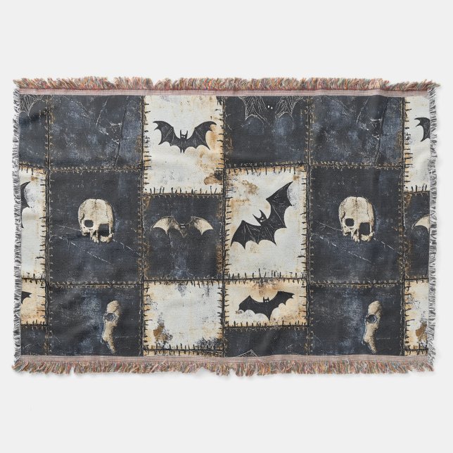 Cobertor Grunge Gothic Bats & Skulls Denim Patterno (Frente)
