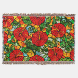 Cobertor Hibisco Vermelho Dourado Laranja Vidro Pintado Fal