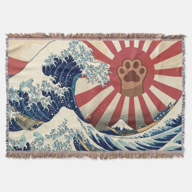 Cobertor HOKUSAI "The Great Wave" & Rising Sun Flag & Cat (Frente)