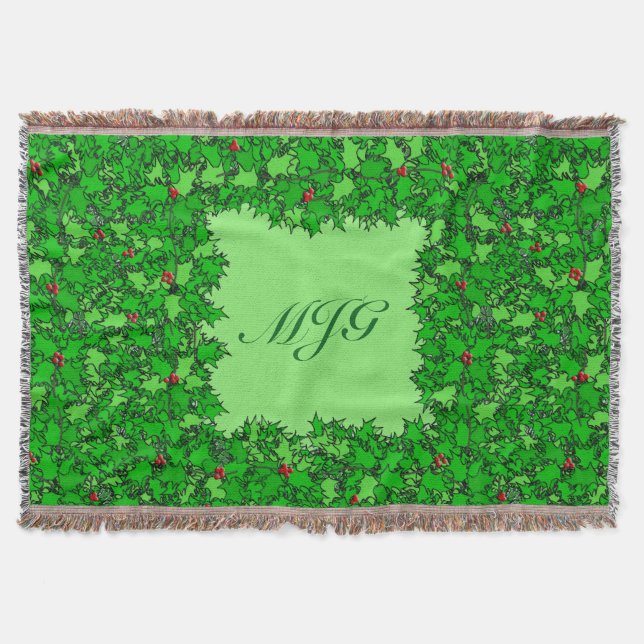 Cobertor Holly Wreath com Monograma, Verde Escuro (Frente)