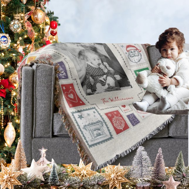 Cobertor Imagem de Natal do Carimbo Retro Whimsical (Whimsical Retro Stamp Christmas Illustration Photo Throw Blanket Festive Personalized Holiday Decor)