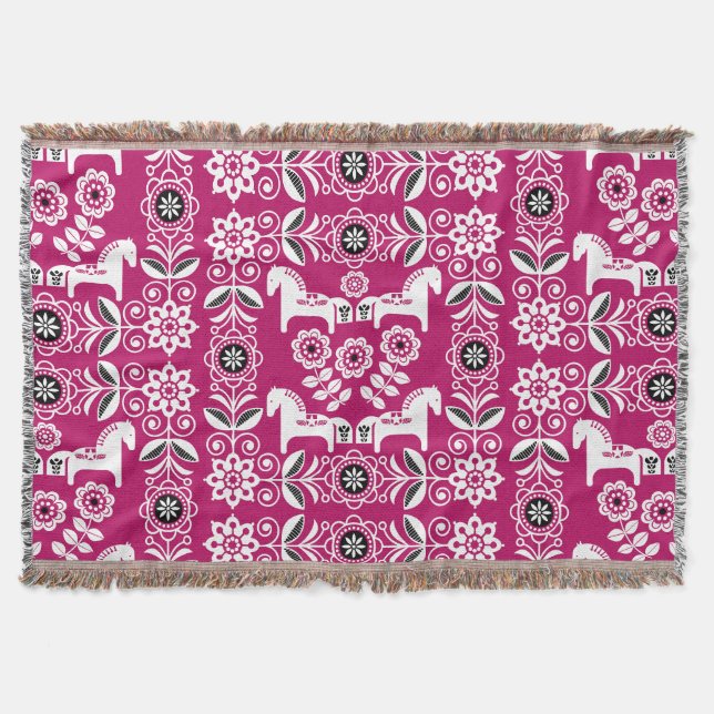 Cobertor Impressão de Cavalo Sueco Dala Rosa (Frente)