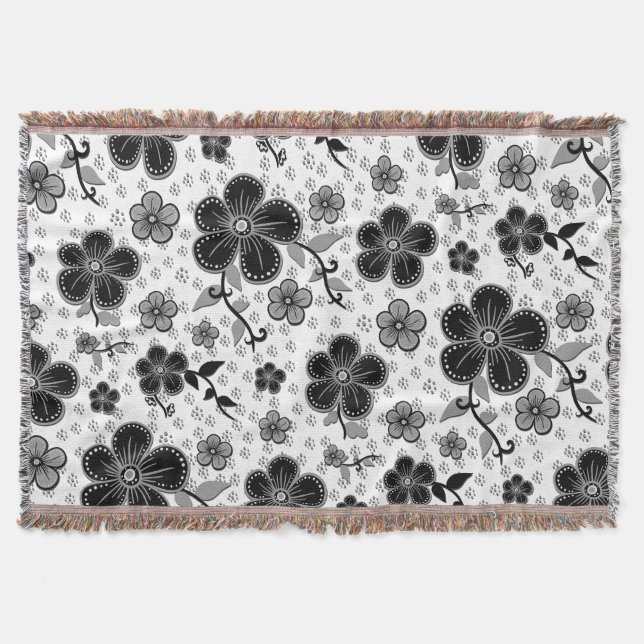 Cobertor Impressão Floral preto-e-branco (Frente)
