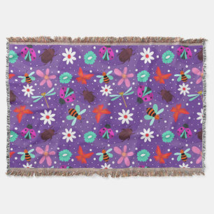 Cobertor Insetos Coloridos e Flores em um Fundo Roxo