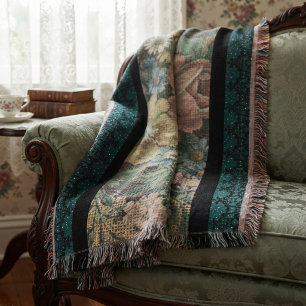 Cobertor Inspirado em Vintage Floral em Burlap e Azul Escur