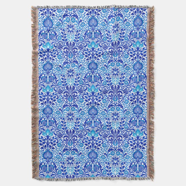 Cobertor Jacobean Floral Damask, Cobalt Azul e Branco (Frente Vertical)