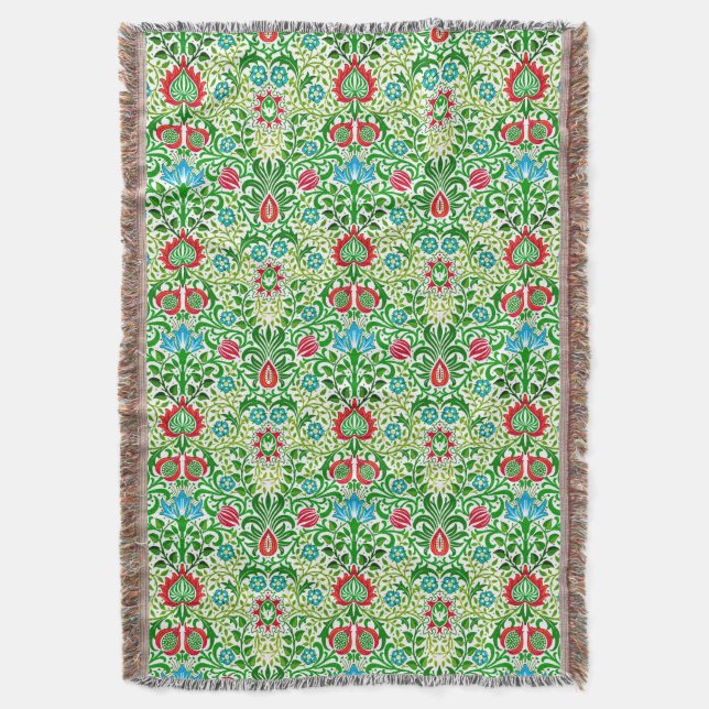 Cobertor Jacobean Floral Damask, Green and Coral Red (Frente Vertical)