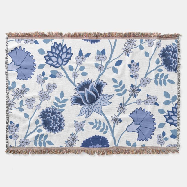 Cobertor Jacobean Floral Lg Pattern Blue em Branco (Frente)