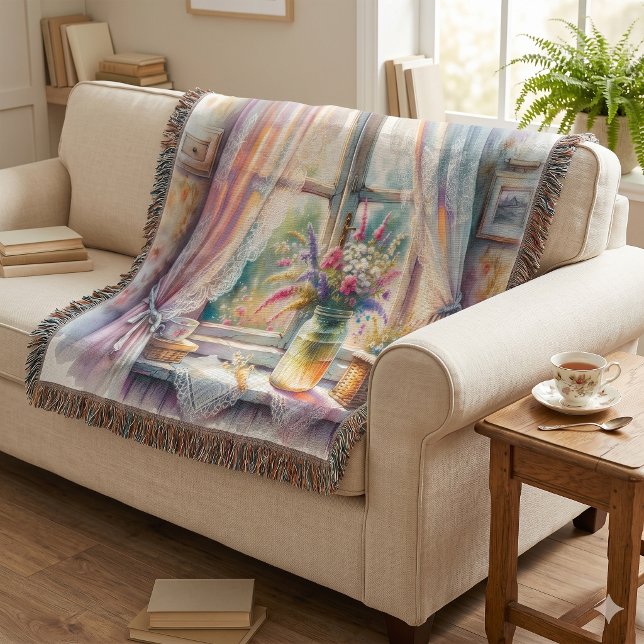 Cobertor Janela da Cabana Ensolarada Flores Silvestres (Sunlit Cottage Window Wildflowers Throw Blanket)