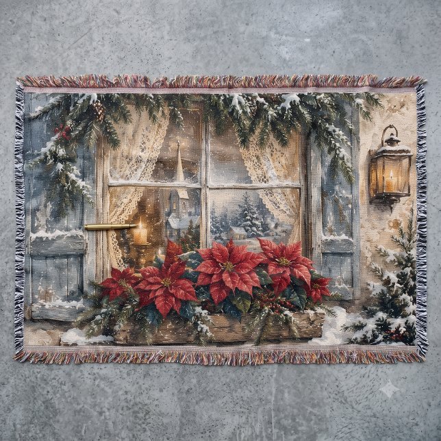 Cobertor Janela de Natal com Poinsettia Nevada (Snowy Poinsettia Christmas Window Throw Blanket)