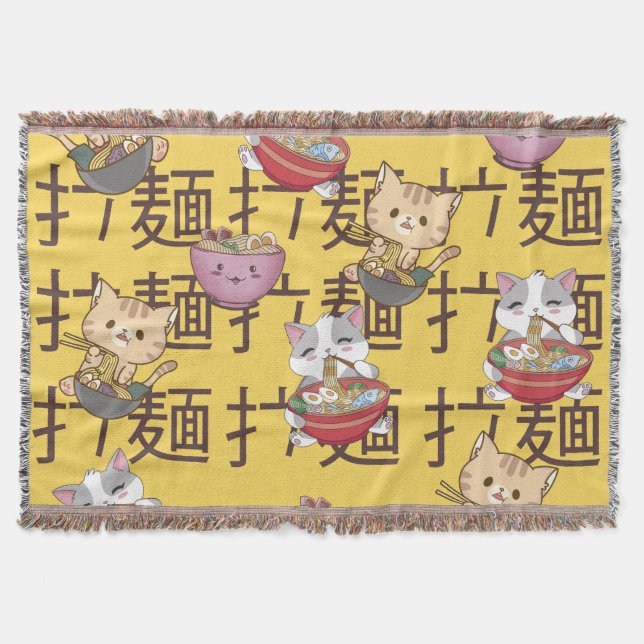 Cobertor Japanese Kawaii Anime Cat Ramen Noodles (Frente)