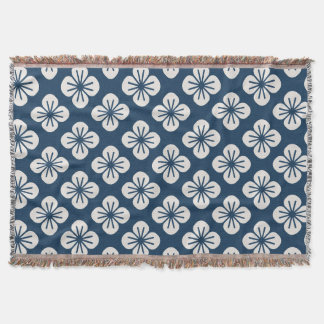 Cobertor Japanese Navy Blue Ivory Floral Geometric Pattern