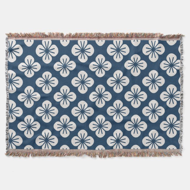 Cobertor Japanese Navy Blue Ivory Floral Geometric Pattern (Frente)