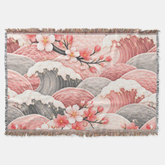 Cobertor Japanese Wave Cherry Blossom Pattern Pink Coral 