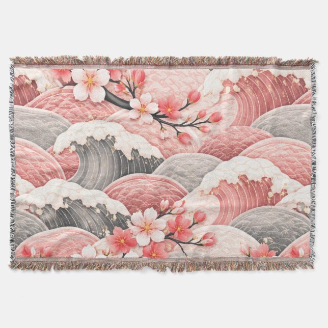 Cobertor Japanese Wave Cherry Blossom Pattern Pink Coral  (Frente)