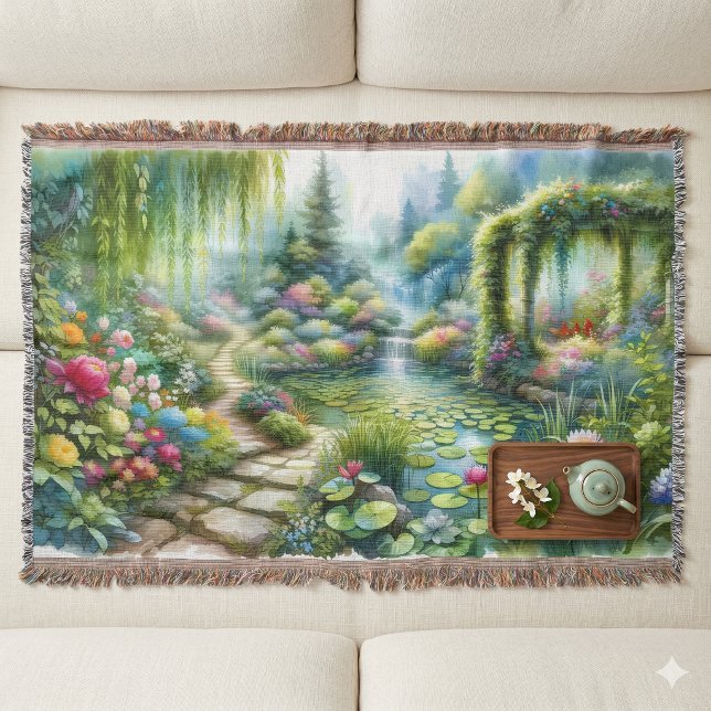 Cobertor Jardim Encantado da Cachoeira Lagoa dos Lírios (Enchanted Waterfall Garden Lily Pond Throw Blanket On Floor)