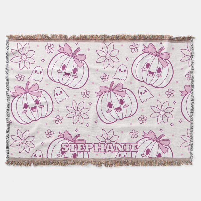 Cobertor Kawaii Pumpkins, Fantasmas e Flores (Frente)