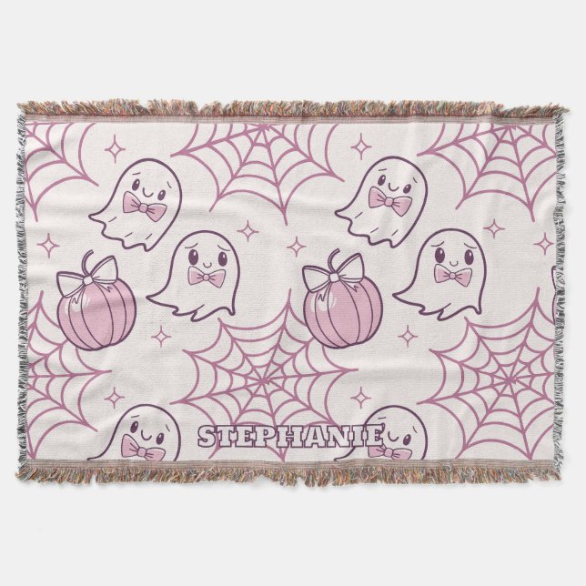 Cobertor Kawaii Rosa Halloween Fantasmas e Abóbora (Frente)