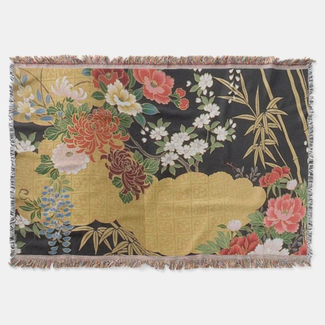 Cobertor Kimono Floral Japonês Tradicional Preto e Dourado (Frente)