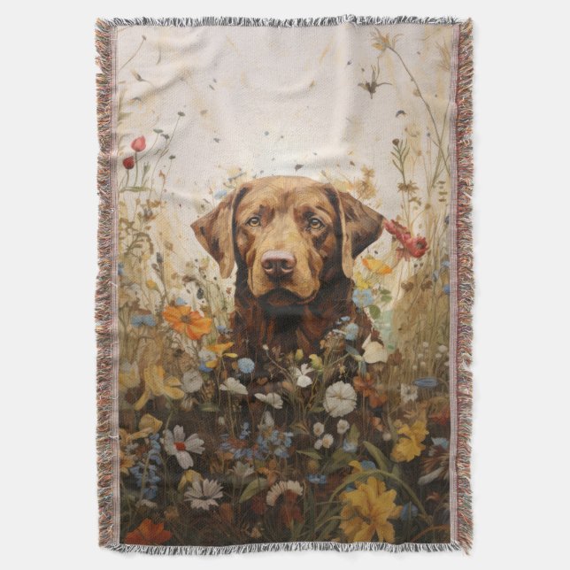 Cobertor Labrador de chocolate e flores silvestres (Frente Vertical)
