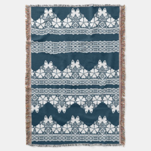Cobertor Lace branco retrô com borboletas em azul escuro b