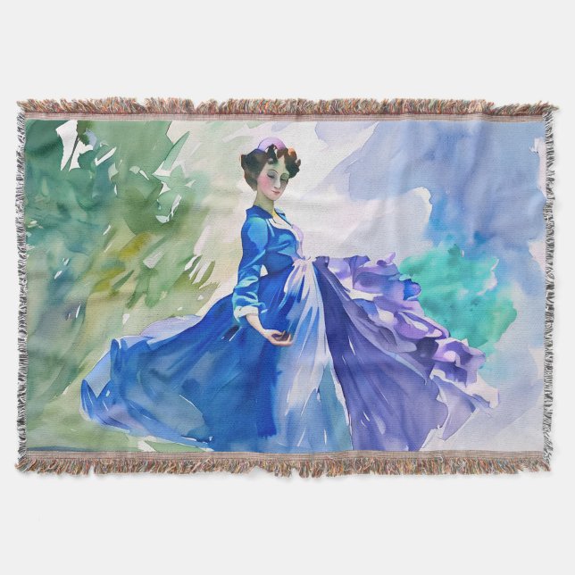 Cobertor Lady in Blue Vress - Pintura por Aquarela (Frente)