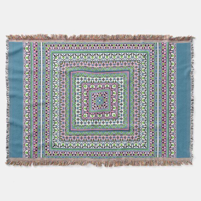 Cobertor Lenço étnico ornamental quadrado azul e verde (Frente)