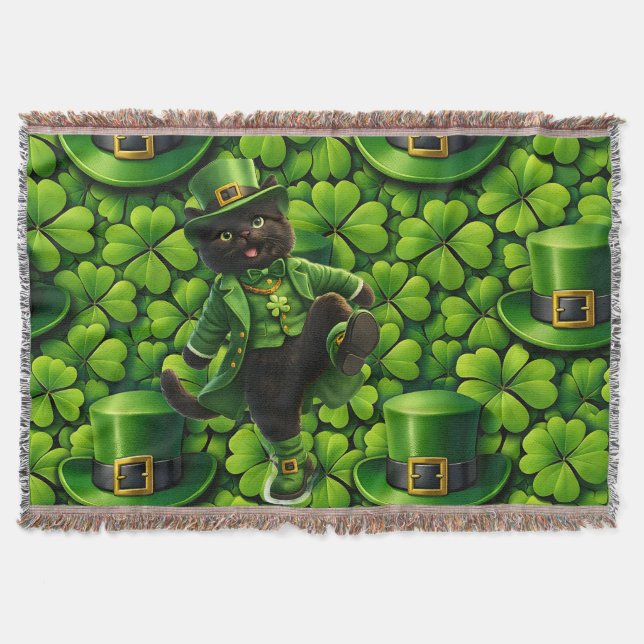 Cobertor Leprechaun sortudo gato preto Dia de São Patrício  (Frente)
