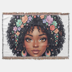 Cobertor Linda Garota Negra Com Afro De Coroa De Flores