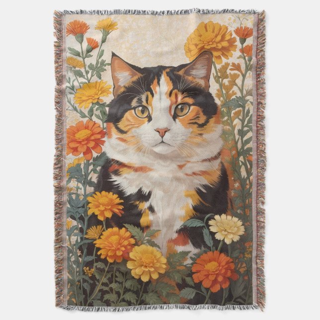 Cobertor Linda Gato Calico Com Flores Marigold (Frente Vertical)