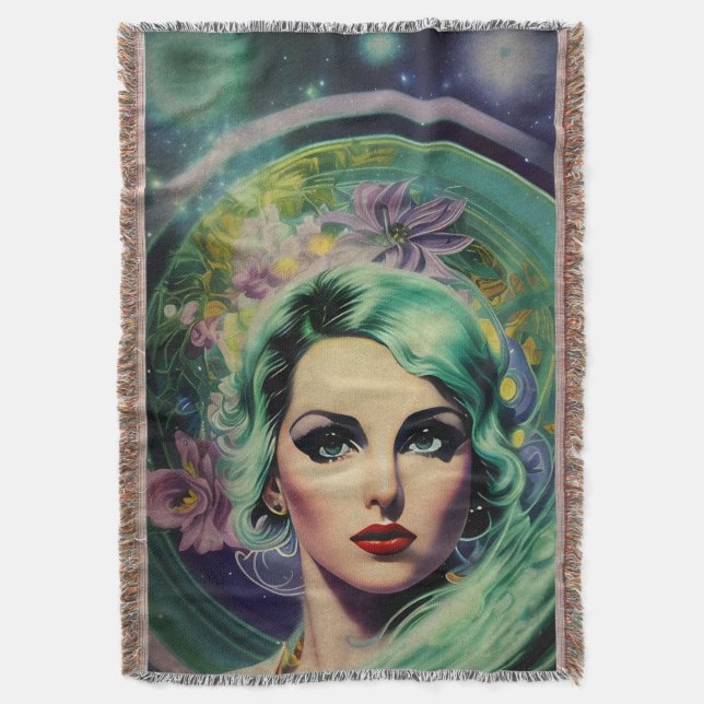 Cobertor Linda Lavanda e Estilo Retro Verde Mulher Espacial (Frente Vertical)
