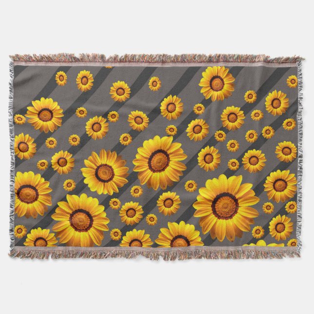 Cobertor Lindas flores amarelas nas cinzas, faixas pretas (Frente)