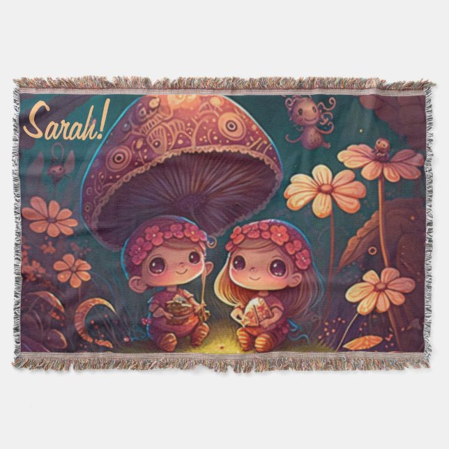 Cobertor Lindos elfos brincam sob cogumelos (Frente)