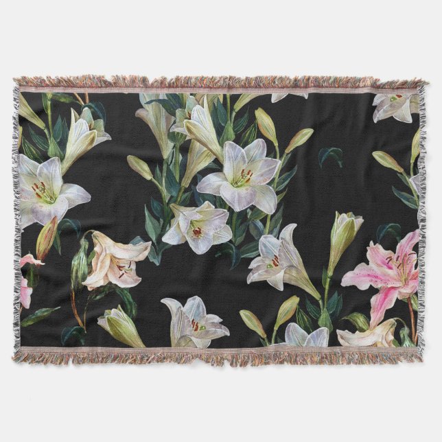 Cobertor Lírios florais: pintura preta de fundo (Frente)