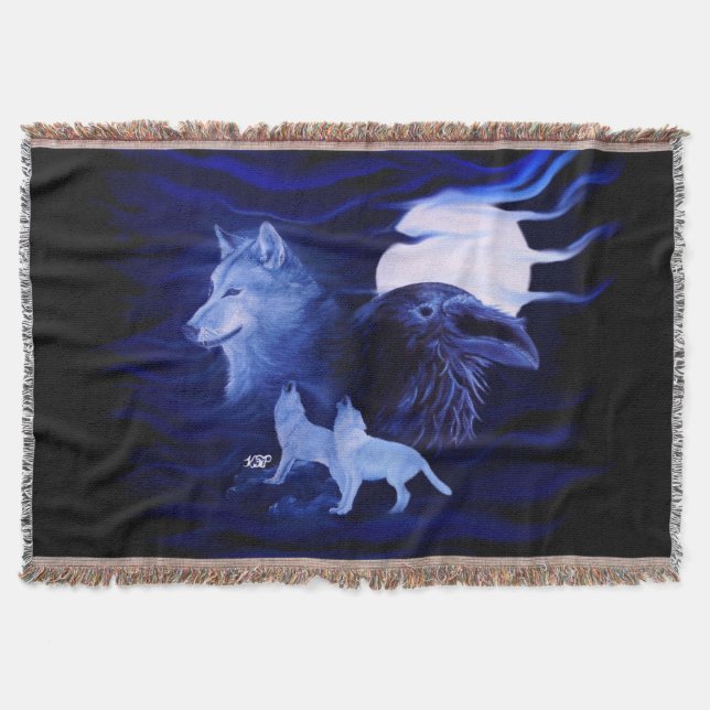 Cobertor Lobos e Raven com lua de cheio (Frente)