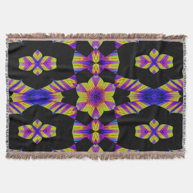 Cobertor Lotus Amarelo, Rosa e Azul em Preto (Frente)