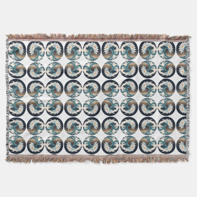 Cobertor Lotus Branco e Onda Oceânica - Elegância em movime (Frente)