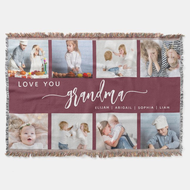 Cobertor Love You Grandma 8 Photo Collage Burgundy (Frente)
