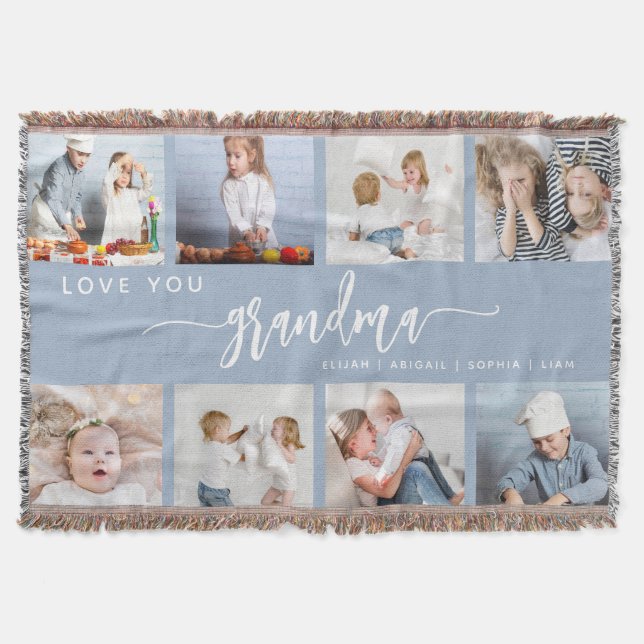 Cobertor Love You Grandma 8 Photo Collage Dusty Blue (Frente)