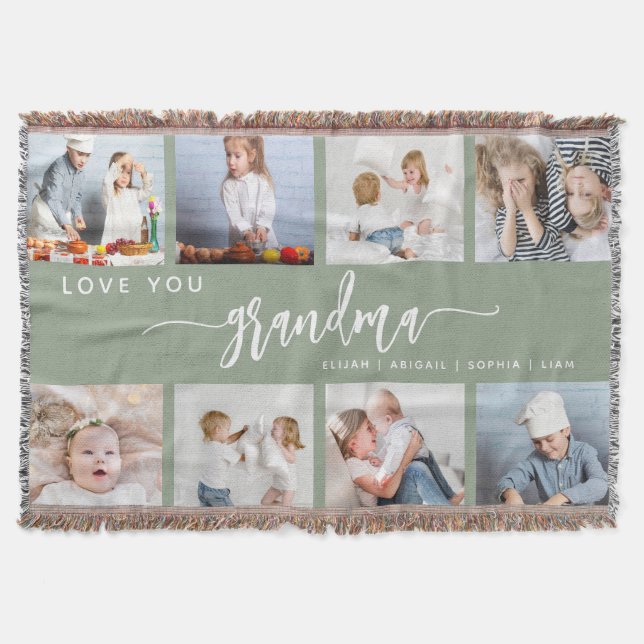 Cobertor Love You Grandma 8 Photo Collage Sage Green (Frente)