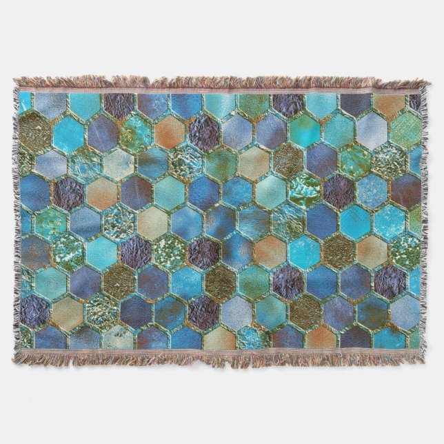 Cobertor Lúpulo Metálico Glitter Aqua Teal Honeycomb (Frente)