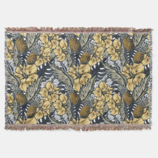 Cobertor Luxo Elegante Flores Tropicais Dourado e Preto