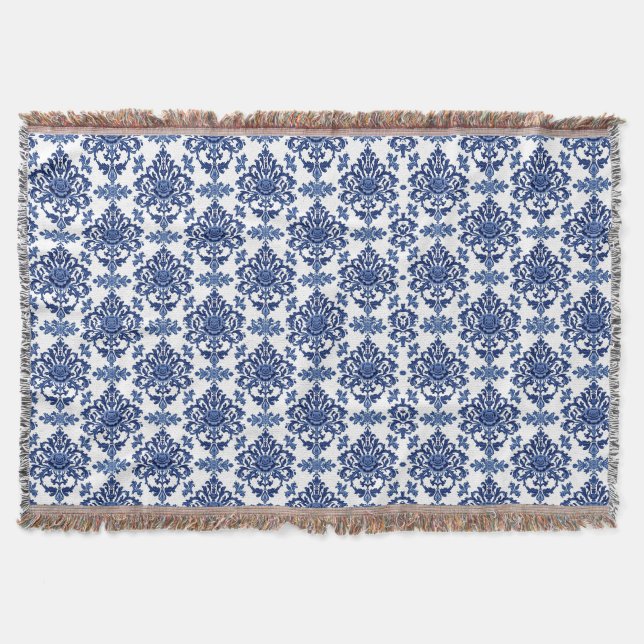 Cobertor Luxo em Azul Real e Branco com Padrão Floral Barro (Frente)