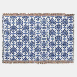 Cobertor Luxury Royal Blue and White Baroque Floral Pattern