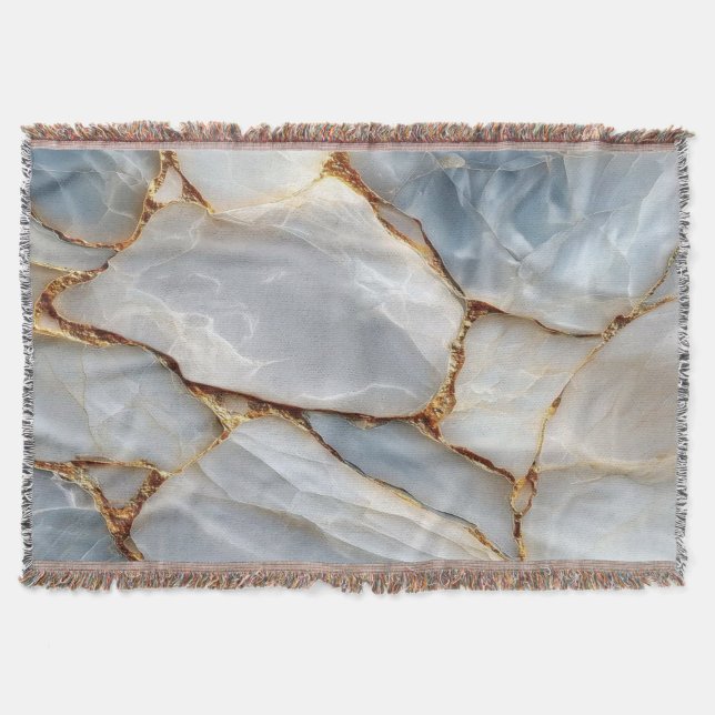 Cobertor Luxury White Blue Marble & Gold Veins Agate Stone  (Frente)