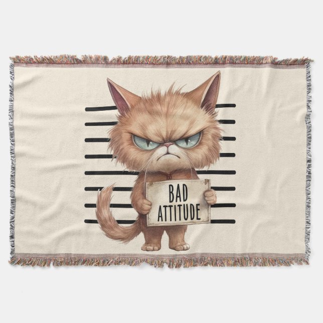 Cobertor Má Atitude Cat Mugshot - Design Felino Engraçado (Frente)
